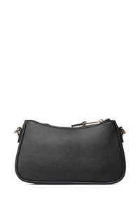 Schwarze synthetische Handtasche mit geschwungener Silhouette, texturiertem Oberflächen, goldfarbenen Beschlägen und Reißverschluss. Strapazierfähiges und kompaktes Design.