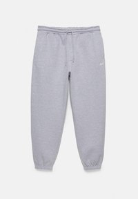 Pantaloni della tuta grigio chiaro con vita elasticizzata e polsini, dotati di coulisse e piccolo logo bianco sulla coscia sinistra.
