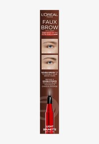 Le stylo teint pour sourcils Faux Brow de L’Oréal Paris en Brunette Clair. Dispose d'une double-embout brosse, d'un emballage rouge élégant et d'images claires avant-après.