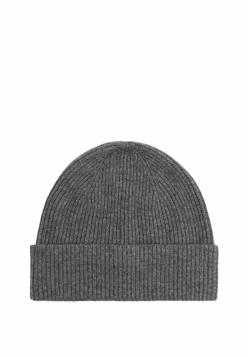 Căciulă tricotată gri cu textură ribbed și manșetă pliată. Fabricată dintr-un material moale și cald, potrivit pentru vreme rece.