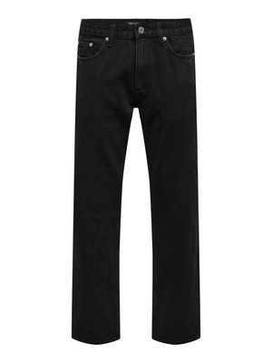 Zwarte recht pijp denim jeans met klassiek ontwerp met vijf zakken en een knoopsluiting in de taille, plat uitgestald op een witte achtergrond.