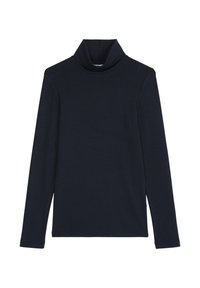 Maglia a collo alto a maniche lunghe di colore blu navy, realizzata in tessuto morbido; presenta un colletto alto e una silhouette aderente con maniche lunghe e una superficie liscia.