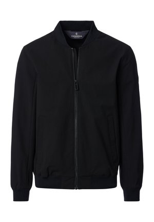 Sort bomberjakke med lynlås foran, ribkanter ved ærmer og kant samt sidelommer, vist mod en hvid baggrund.