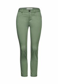 Zelené slim-fit kalhoty s hladkým povrchem, zapínáním na knoflík a klasickým designem s pěti kapsami. Obsahuje tónové švy a standardní výšku pasu.