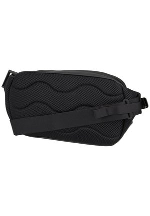 Black padded waist bag with adjustable strap and breathable mesh back panel for comfort and support.