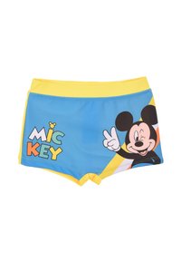Bañador azul con una cinturilla amarilla que presenta un gráfico de Mickey Mouse y la palabra "MICKEY" en letras coloridas.
