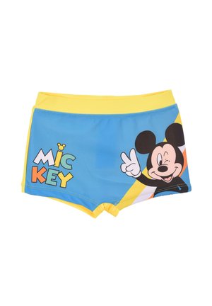 Blaue Badehose mit einem gelben Bund, die ein grafisches Motiv von Mickey Mouse und das Wort "MICKEY" in bunten Buchstaben zeigt.