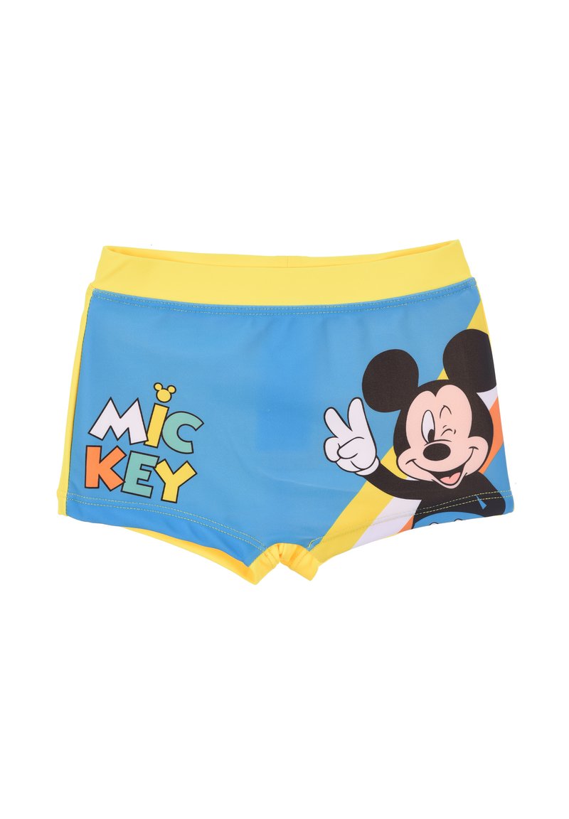 Bañador azul con una cinturilla amarilla que presenta un gráfico de Mickey Mouse y la palabra "MICKEY" en letras coloridas.