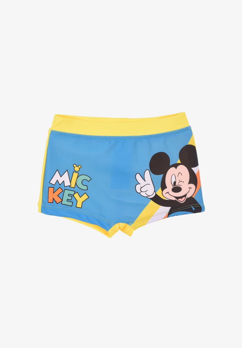 Bañador azul con una cinturilla amarilla que presenta un gráfico de Mickey Mouse y la palabra "MICKEY" en letras coloridas.