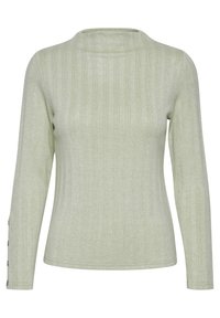Hellgrüner, gerippter Langarmpullover mit hohem Kragen, der über Knopfakzente an den Ärmelbündchen verfügt. Weiche Struktur durchgehend.