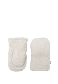 Moufles en polaire de couleur crème, douces au toucher, avec une texture pelucheuse. Elles présentent une forme arrondie et un design simple sans couture. Aucune quincaillerie ou accent visible.