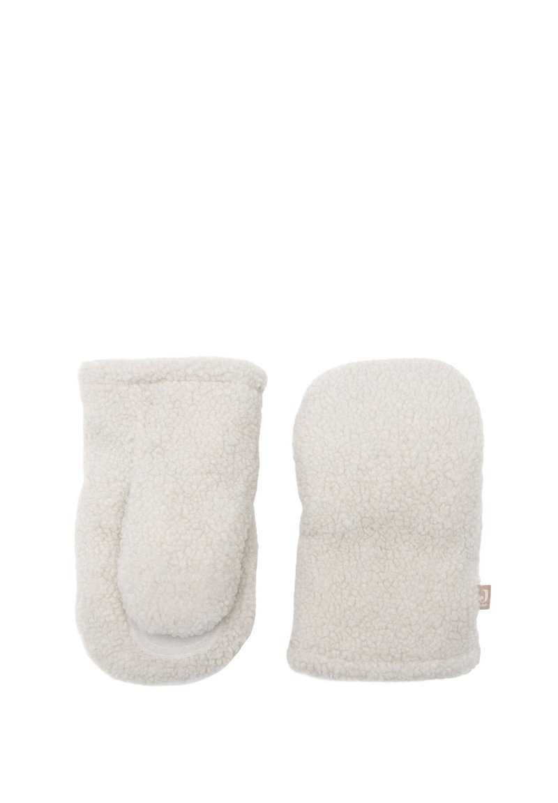 Moufles en polaire de couleur crème, douces au toucher, avec une texture pelucheuse. Elles présentent une forme arrondie et un design simple sans couture. Aucune quincaillerie ou accent visible.