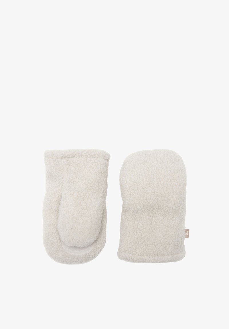 Zachte, crème-kleurige fleece wanten met een pluizige textuur, met een afgeronde vorm en een eenvoudig, naadloos ontwerp. Geen zichtbare bevestigingsmaterialen of accenten.