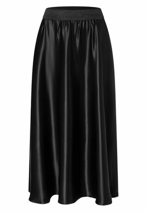 Jupe noire, longueur cheville, en tissu lisse et brillant avec une taille élastique et une silhouette fluide. Pas de motifs ni de matériel visible.