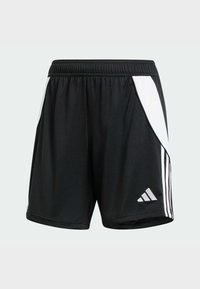 Shorts de sport noirs avec panneaux latéraux blancs, une taille élastique et un logo Adidas blanc sur la partie inférieure de la jambe droite.
