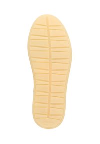 Beige Gummisohle mit strukturierten Profilmustern und einem Logo. Verfügt über horizontale und vertikale Rillen für besseren Halt. Größe markiert als 37.