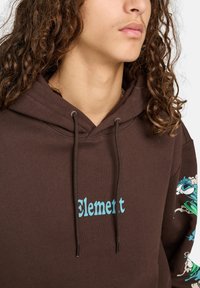 Bruine hoodie met een lichtblauw "Element" logo, trekkoorden en kleurrijke grafische ontwerpen op de mouwen. Zacht katoenmix materiaal.
