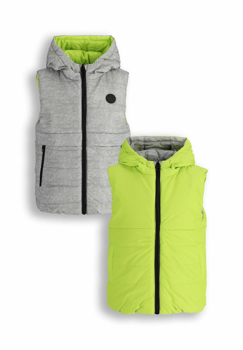 Szaro-zielona, odwracalna kamizelka z kapturem, z zamkiem błyskawicznym, przednimi kieszeniami oraz teksturowanym materiałem z gładką podszewką.