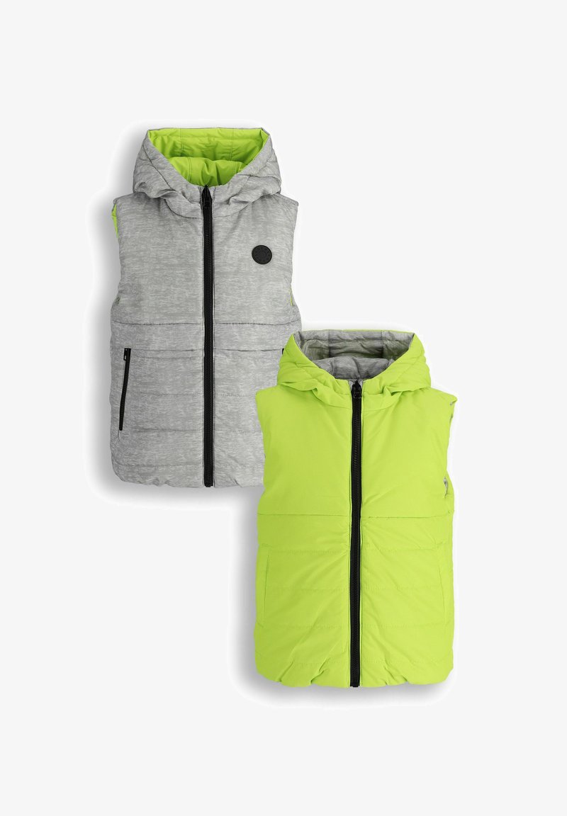 Szaro-zielona, odwracalna kamizelka z kapturem, z zamkiem błyskawicznym, przednimi kieszeniami oraz teksturowanym materiałem z gładką podszewką.