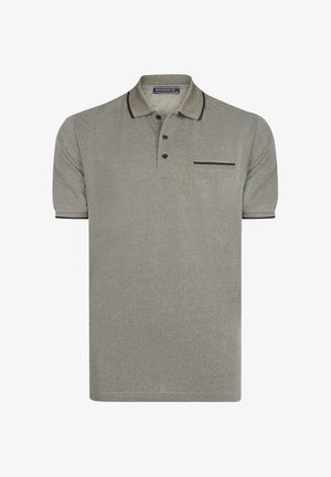 Grijze polo shirt van gestructureerde stof, met een halslijn met twee knopen, korte mouwen en een borstzak met contrasterende bies.