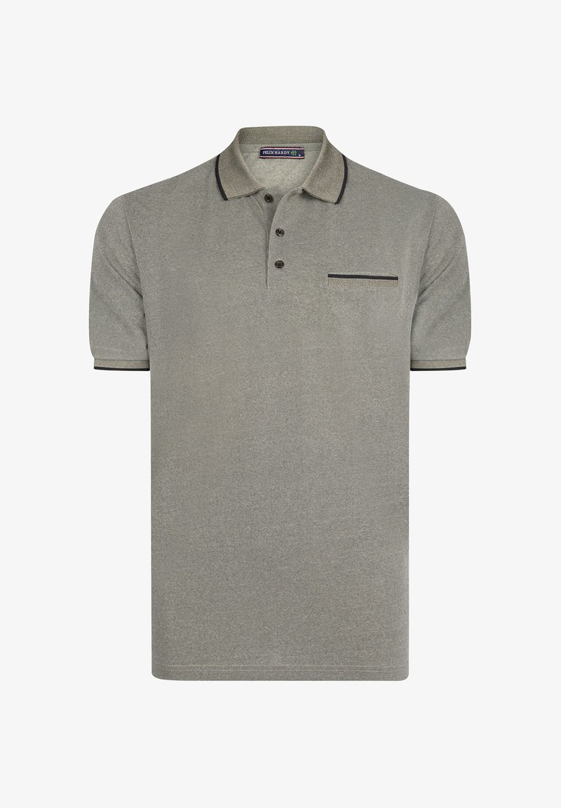 Hallhalli polo särk, mis on valmistatud tekstureeritud kangast, kahe nupu väljalõikega, lühikeste varrukatega ja rinna taskuga, millel on kontrastne äär.