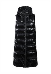 Schwarze, ärmellose Puffer-Weste mit glänzender, gesteppten Textur. Hoher Kragen, Reißverschluss und zwei frontale Taschen. Mit Logo-Details oben.