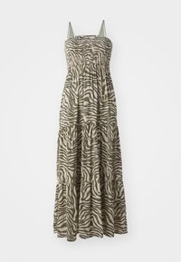 Maxi dress in beige and olive green with zebra stripes. Smocked bodice, adjustable spaghetti straps, and tiered skirt design.