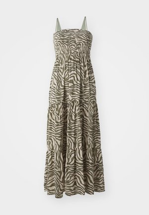 Robe maxi beigne et olive avec des rayures zèbre. Bustier smocké, bretelles spaghetti ajustables, et design de jupe à étages.