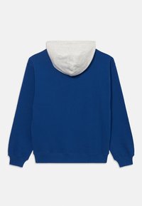 Niebieska bluza z szarym kapturem. Długie rękawy, ściągacze na rękawach i u dołu. Miękka tekstura, casualowy styl i minimalistyczny detal z tyłu.