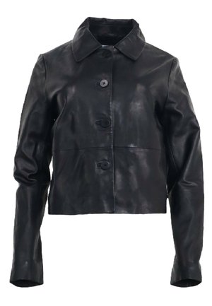 Zwarte leren cropped jas met een knoopsluiting, spitse kraag en lange mouwen. Gladde textuur met een subtiele glans en zonder patronen.