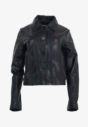 Zwarte leren cropped jas met een knoopsluiting, spitse kraag en lange mouwen. Gladde textuur met een subtiele glans en zonder patronen.