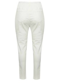White, stretch cotton pants with an elastic waistband, slim fit, and two back pockets; smooth texture and tapered leg design.