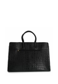 Sac fourre-tout en cuir noir avec un motif texturé de crocodile, deux poignées et une poche zippée à l'avant. Surface lisse avec une forme structurée.