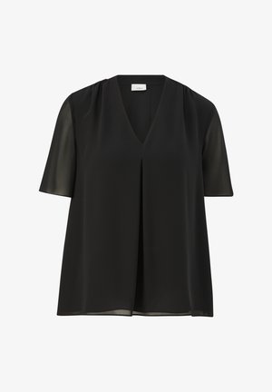 Czarna bluzka z krótkim rękawem, wykonana z lekkiego materiału, z dekoltem w kształcie litery V oraz luźnym fasonem z delikatnym detalem w postaci fałdy z przodu.
