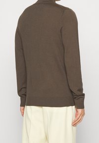 Pull en maille marron avec des manches longues, un col et un ourlet côtelés, et une texture lisse, présenté de dos.