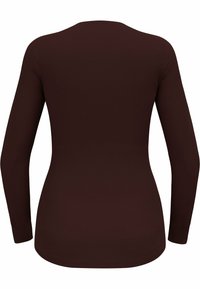 Long-sleeve top in dark burgundy. Features a round neckline, a fitted design, and smooth, stretchy fabric with minimal stitching details.