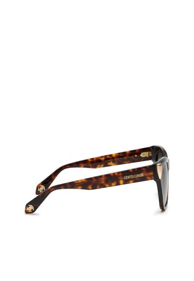 Sonnenbrille mit Schildpattmuster und goldenen Akzenten sowie ""roberto cavalli"" Branding an den Bügeln.