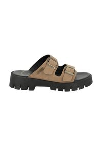 Sandali slide in suede marrone con due fibbie regolabili, una suola nera texturizzata e un design con plateau spesso per maggiore stabilità.
