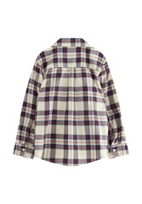 Koszula flanelowa z kratkowanym wzorem w kolorze kremowym, granatowym i burgundowym. Długie rękawy, klasyczny kołnierzyk i detale z zapięciem na guziki.