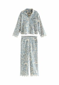 Blue floral pajamas featuring a collared, long-sleeve top and loose pants with an elastic waistband and lace trim on sleeves and pants.