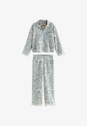 Blue floral pajamas featuring a collared, long-sleeve top and loose pants with an elastic waistband and lace trim on sleeves and pants.