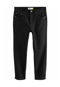 Schwarze Jeans aus Denim mit schlankem Schnitt, Fünf-Taschen-Design, Metallknopfverschluss und minimalen Nähdetails. Saubere und feste Textur.