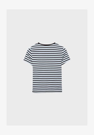 Koszulka unisex z krótkim rękawem w czarno-białe poziome paski, z okrągłym dekoltem, ułożona płasko, pokazująca tylną stronę na białym tle.