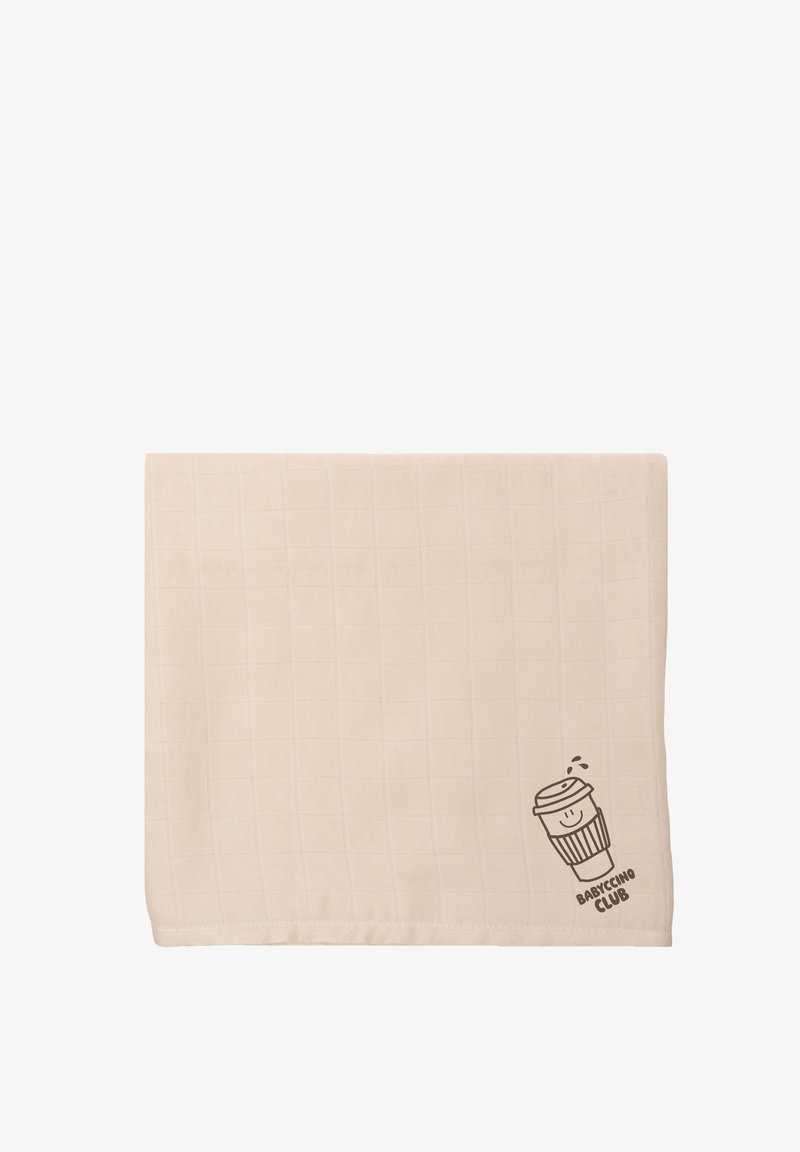 Cotton napkin in a light beige color featuring a quilted pattern and a printed cup design with "Babyccino Club" text.