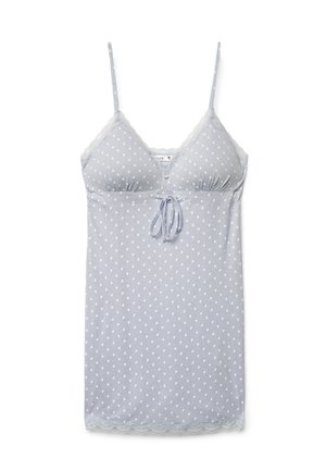 Camicia da notte azzurro chiaro senza maniche con motivo a cuori bianchi, rifinitura in pizzo sull'orlo e scollo, spalline regolabili e dettaglio con fiocco frontale.