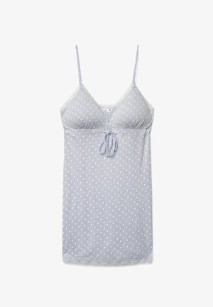 Camicia da notte azzurro chiaro senza maniche con motivo a cuori bianchi, rifinitura in pizzo sull'orlo e scollo, spalline regolabili e dettaglio con fiocco frontale.