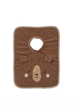 Brown terry cloth bib shaped like a bear's face, featuring a round neck hole, embroidered eyes, and small 3D ears. Edged with beige trim.