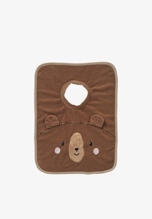 Brown terry cloth bib shaped like a bear's face, featuring a round neck hole, embroidered eyes, and small 3D ears. Edged with beige trim.