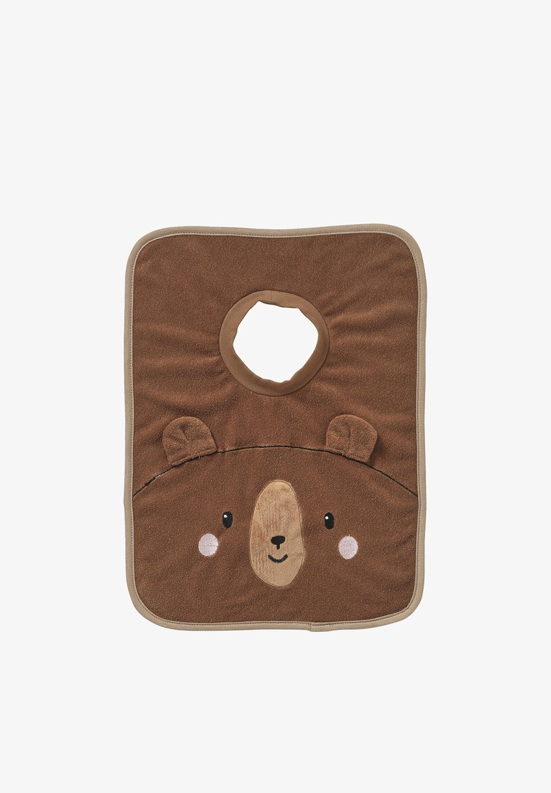 Braune Lätzchen aus Frottee in Form eines Bärenkopfes, mit rundem Halsausschnitt, gestickten Augen und kleinen 3D-Ohren. Mit beigem Saum eingefasst.