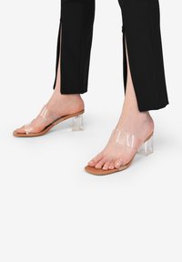 Sandales à talons blocs transparents avec une bride supérieure transparente et une semelle beige. Le design comprend un bout ouvert et un style à enfiler.